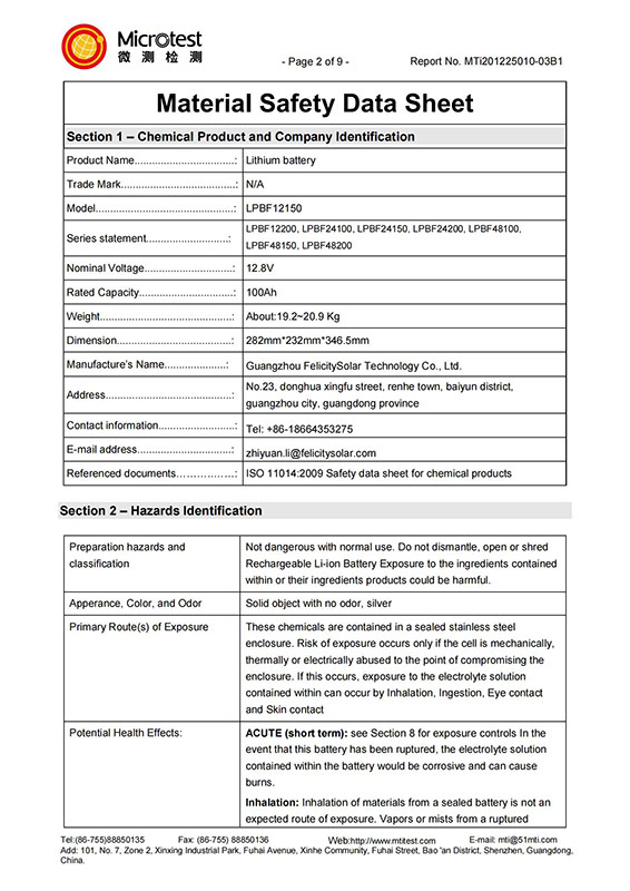 ซีรีส์ LPBF, MSDS